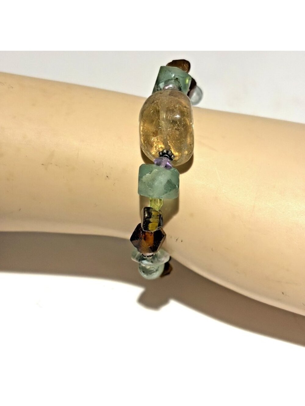 Sea Glass Beaded Bracelet With Sterling Silver Clasp Green Brown Boho Artsy